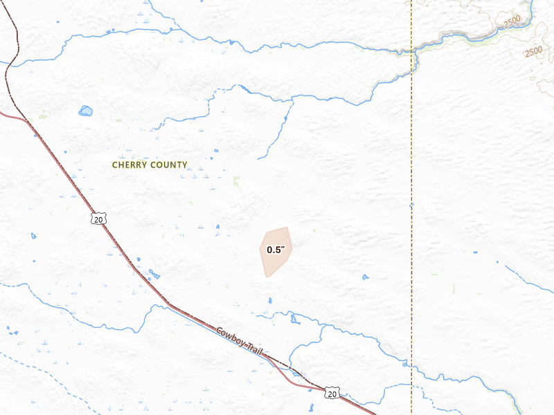 Radar-estimated hail-size map of the storm over Wood Lake, NE on Jun 4, 2026