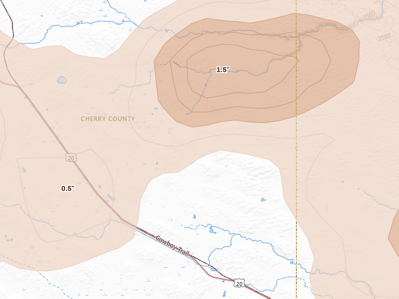 Radar-estimated hail-size map of the storm over Wood Lake, NE on Jul 30, 2026