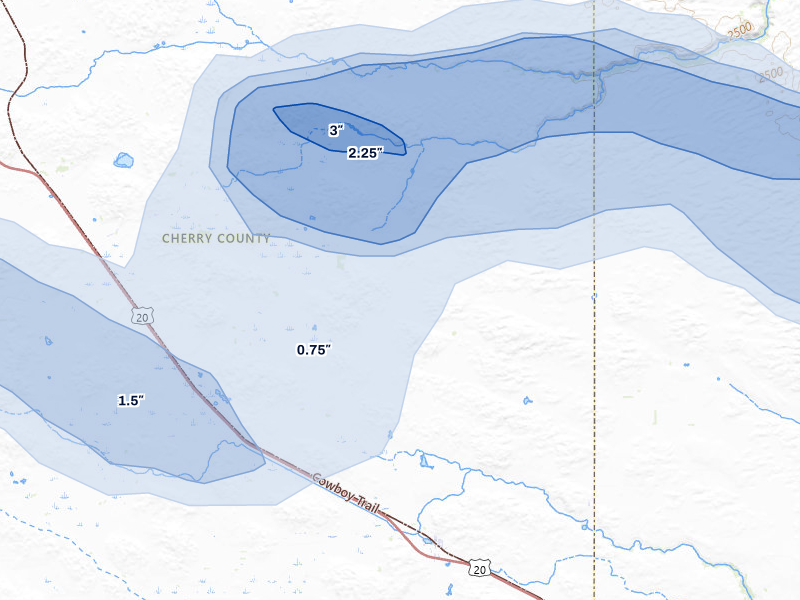 NEXRAD radar-signature map of the hail storm over Wood Lake, NE on Jul 30, 2026