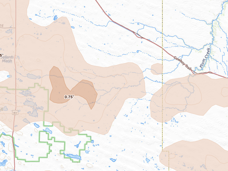 Radar-estimated hail-size map of the storm over Wood Lake, NE on Aug 17, 2026