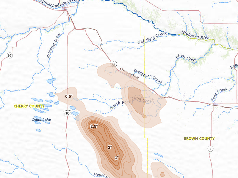 Radar-estimated hail-size map of the storm over Wood Lake, NE on Aug 20, 2026