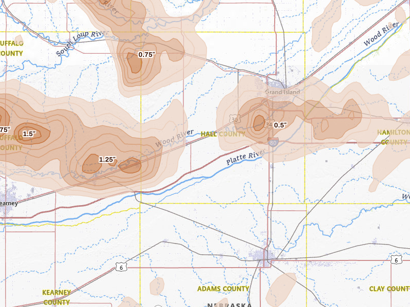 Radar-estimated hail-size map of the storm over Wood River, NE on May 16, 2026