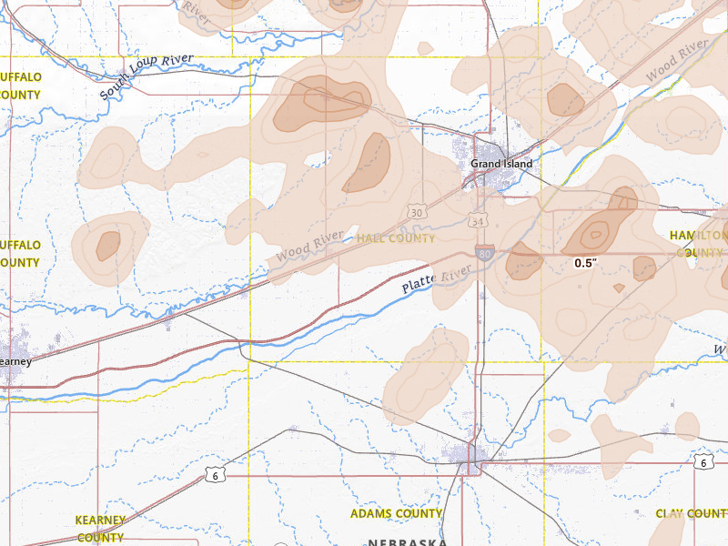 Radar-estimated hail-size map of the storm over Wood River, NE on Jun 5, 2026