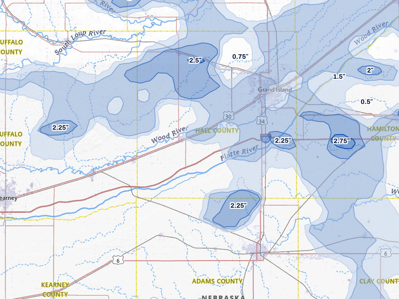 NEXRAD radar-signature map of the hail storm over Wood River, NE on Jun 5, 2026