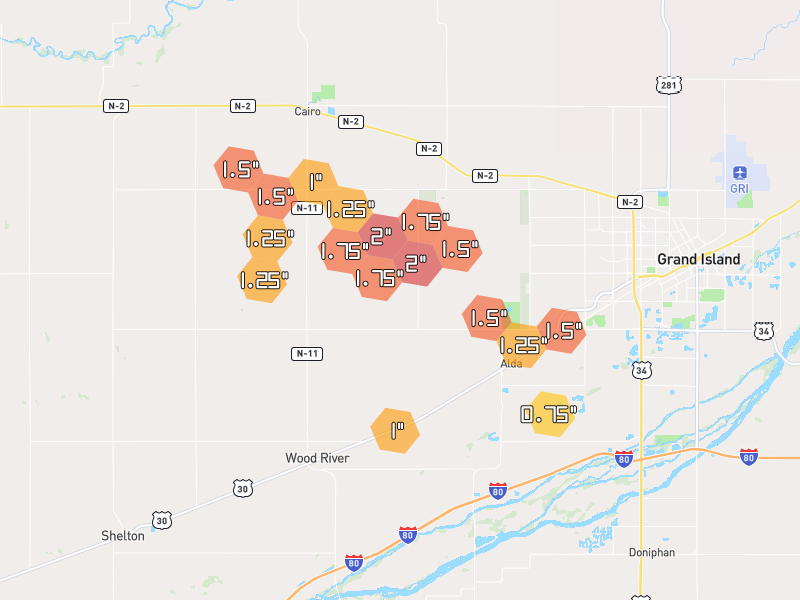 Hail map of Wood River, NE on Jun 6, 2026, hail up to 2"