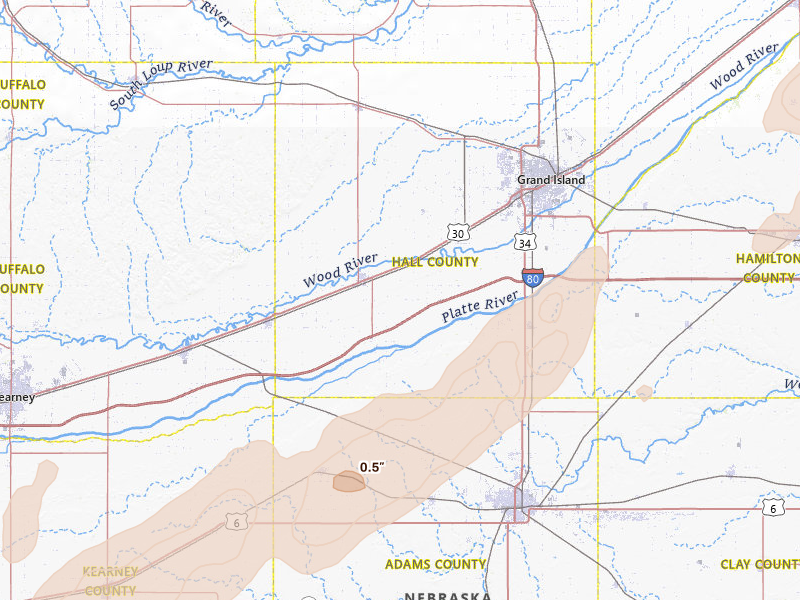 Radar-estimated hail-size map of the storm over Wood River, NE on Jun 9, 2026