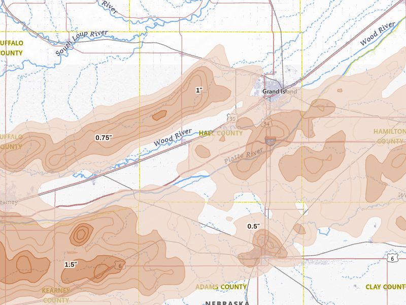 Radar-estimated hail-size map of the storm over Wood River, NE on Jun 10, 2026
