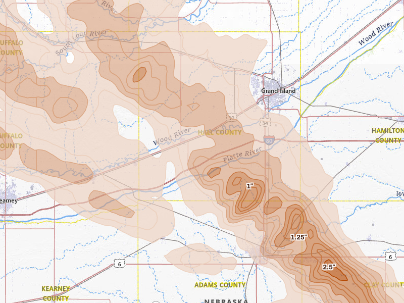 Radar-estimated hail-size map of the storm over Wood River, NE on Jun 20, 2026