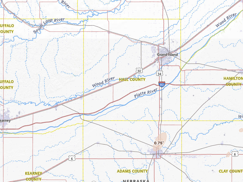 Radar-estimated hail-size map of the storm over Wood River, NE on Jul 1, 2026