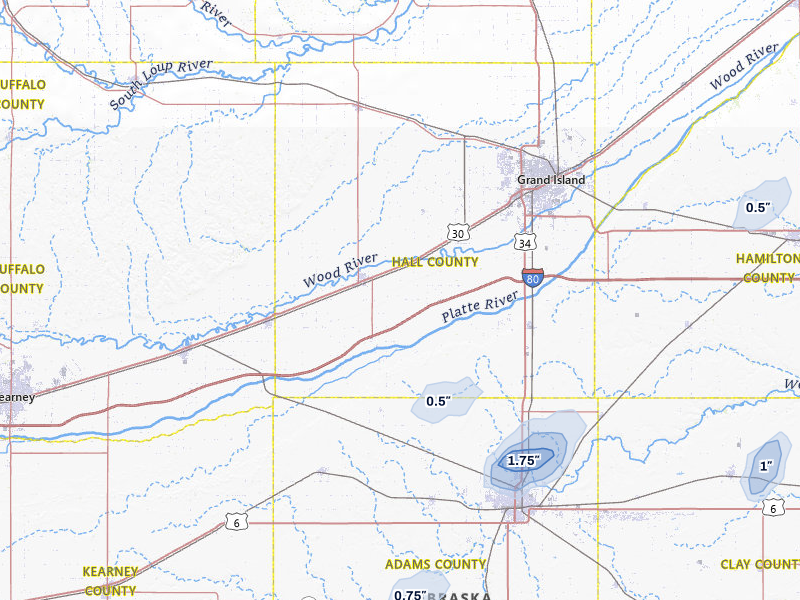 NEXRAD radar-signature map of the hail storm over Wood River, NE on Jul 1, 2026
