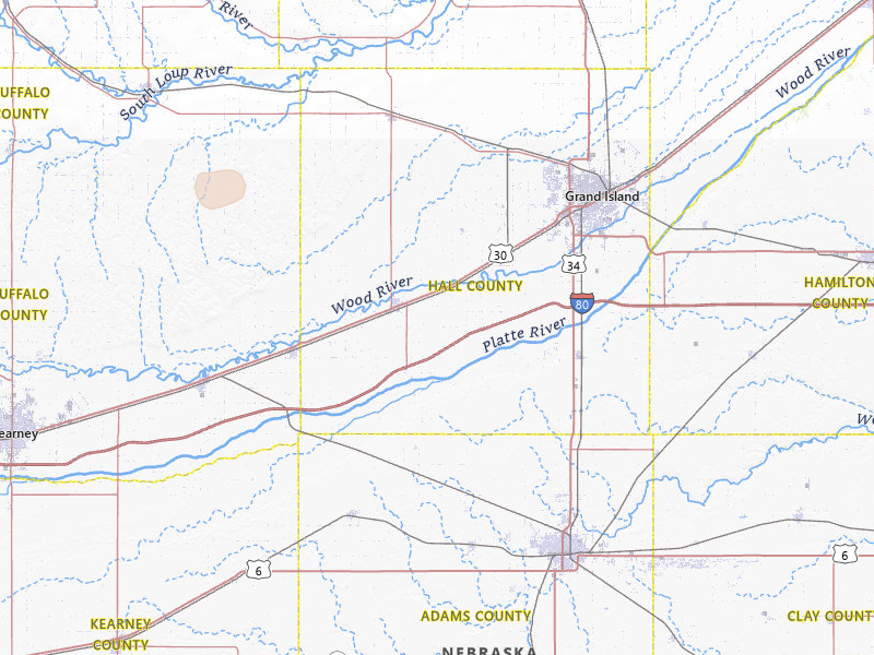Radar-estimated hail-size map of the storm over Wood River, NE on Jul 4, 2026