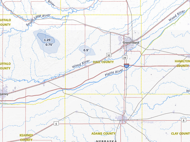 NEXRAD radar-signature map of the hail over Wood River, NE