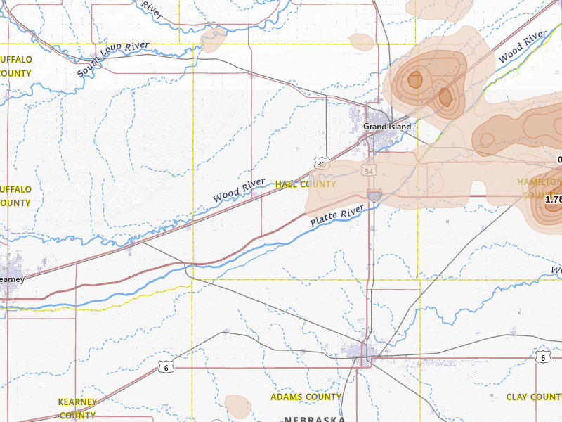 Radar-estimated hail-size map of the storm over Wood River, NE on Jul 8, 2026