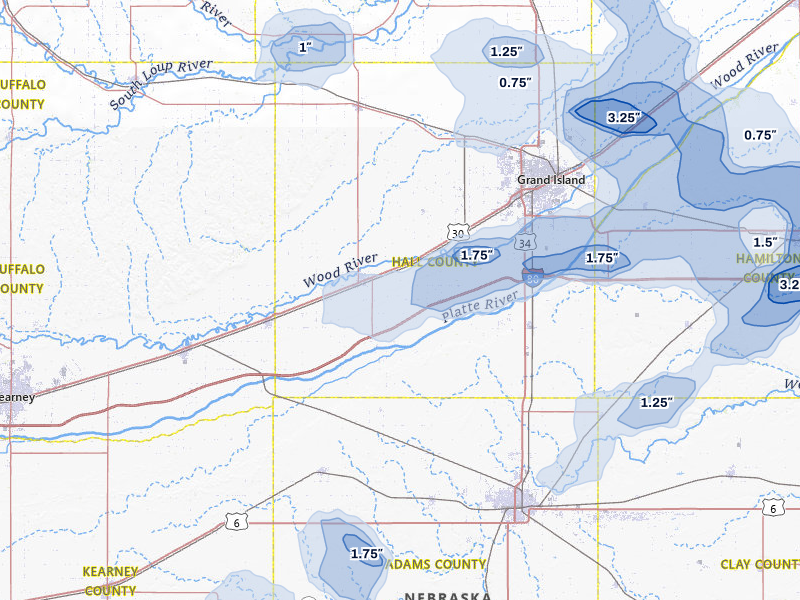 NEXRAD radar-signature map of the hail storm over Wood River, NE on Jul 8, 2026