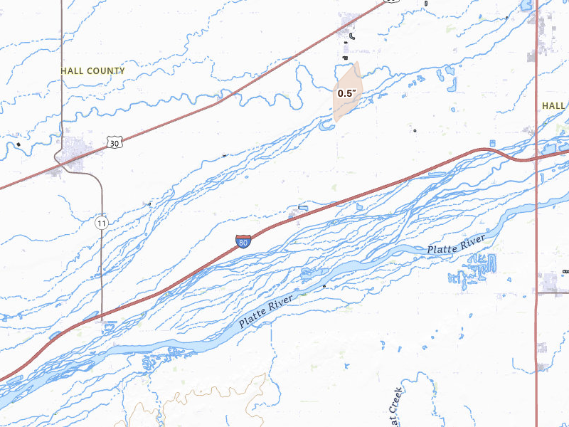 Radar-estimated hail-size map of the storm over Wood River, NE on Aug 17, 2026