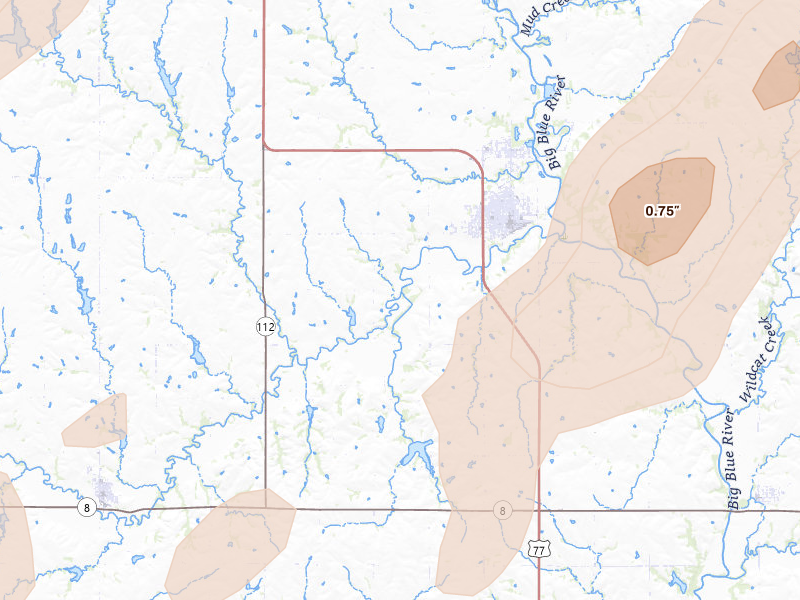 Radar-estimated hail-size map of the storm over Wymore, NE on Apr 23, 2026