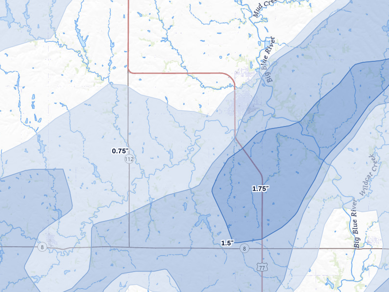 NEXRAD radar-signature map of the hail over Wymore, NE