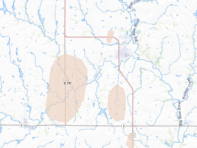 Radar-estimated hail-size map of the storm over Wymore, NE on May 16, 2026