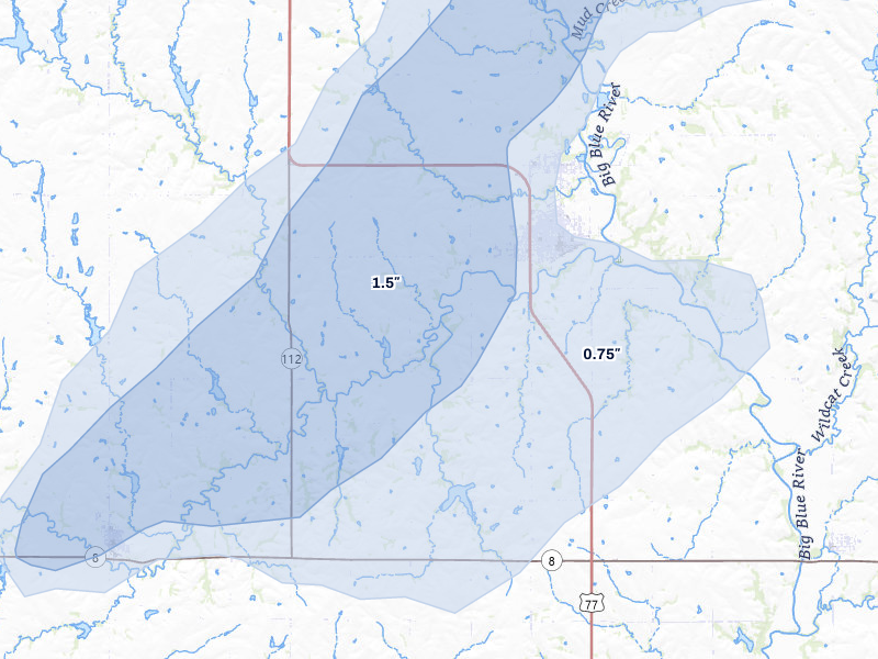 NEXRAD radar-signature map of the hail storm over Wymore, NE on May 16, 2026