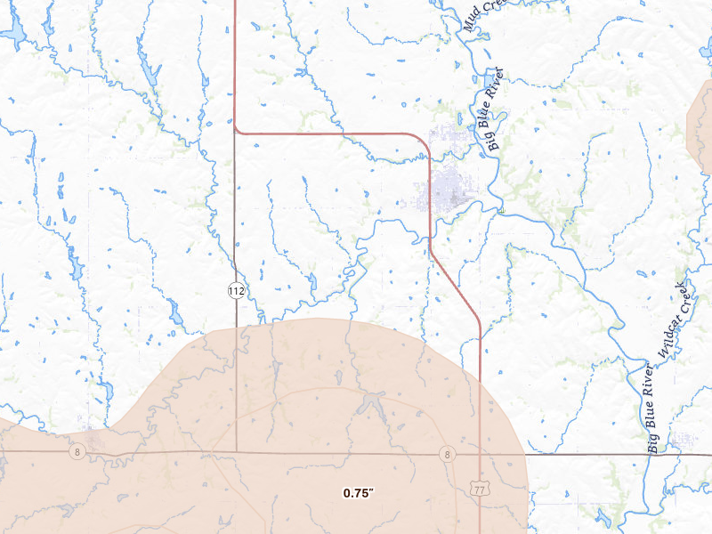 Radar-estimated hail-size map of the storm over Wymore, NE on May 17, 2026