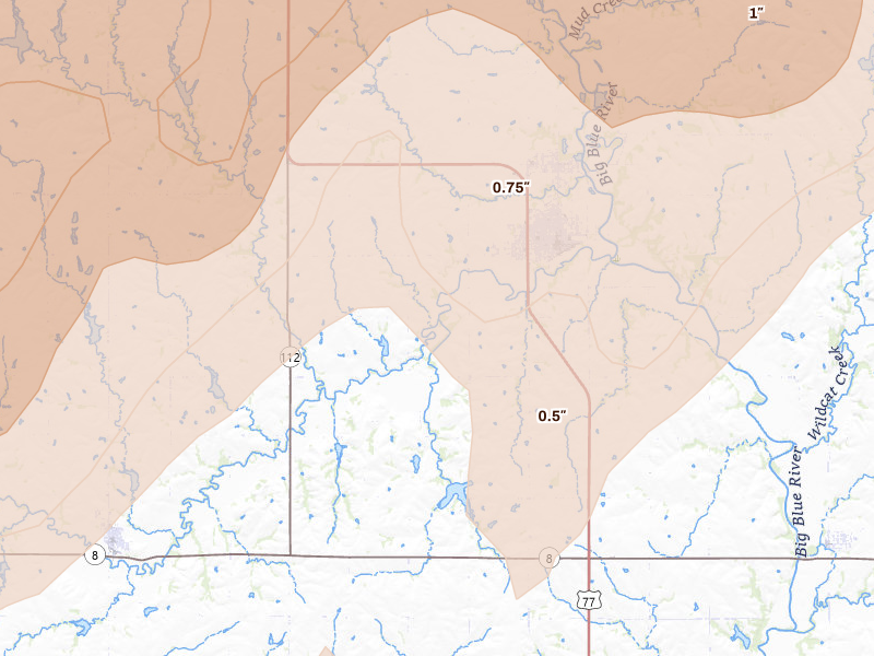 Radar-estimated hail-size map of the storm over Wymore, NE on May 18, 2026