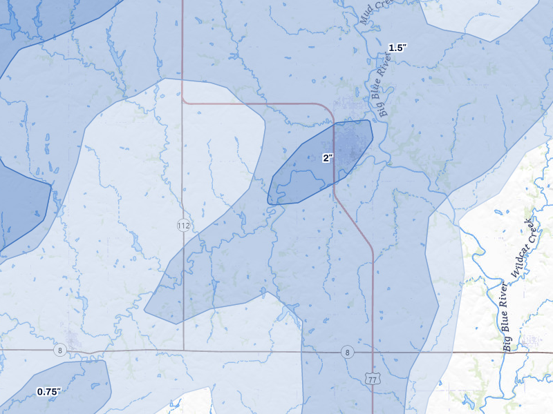 NEXRAD radar-signature map of the hail storm over Wymore, NE on May 18, 2026