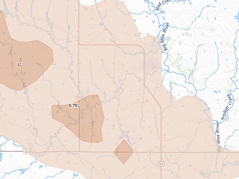 Radar-estimated hail-size map of the storm over Wymore, NE on Jun 20, 2026