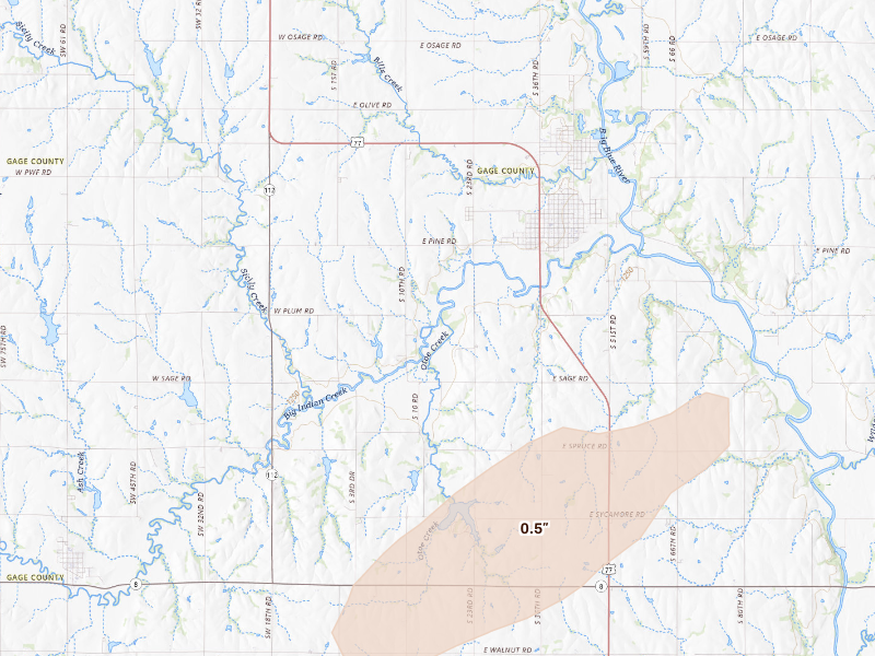 Radar-estimated hail-size map of the storm over Wymore, NE on Aug 14, 2026