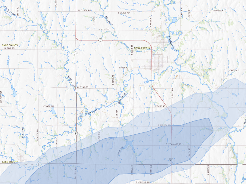 NEXRAD radar-signature map of the hail storm over Wymore, NE on Aug 14, 2026