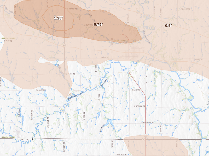 Radar-estimated hail-size map of the storm over Wymore, NE