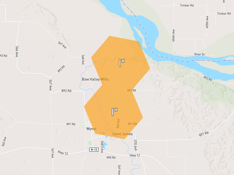 Hail map of Wynot, NE on Jul 1, 2026, hail up to 1"