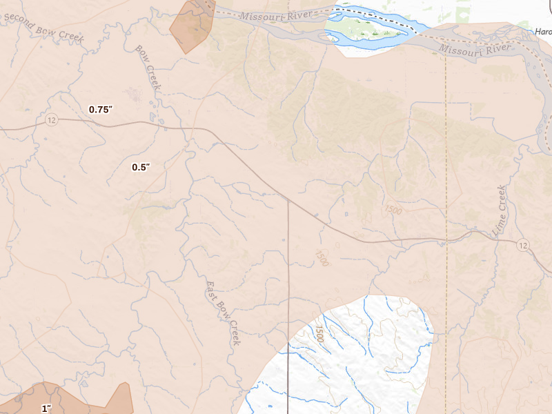 Radar-estimated hail-size map of the storm over Wynot, NE on Jul 2, 2026