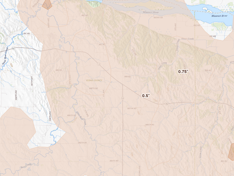 Radar-estimated hail-size map of the storm over Wynot, NE on Sep 11, 2026