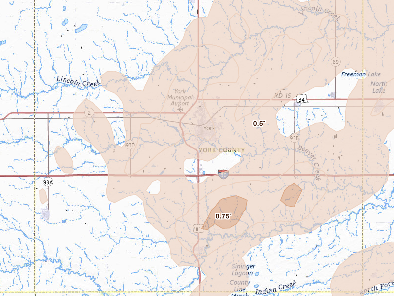 Radar-estimated hail-size map of the storm over York, NE on Apr 25, 2026
