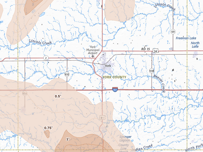 Radar-estimated hail-size map of the storm over York, NE on May 16, 2026