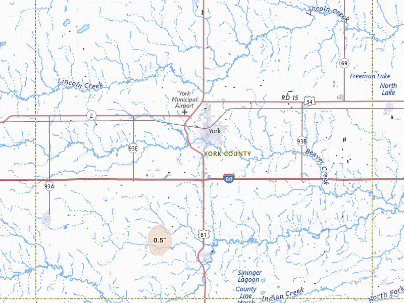 Radar-estimated hail-size map of the storm over York, NE on Jun 3, 2026