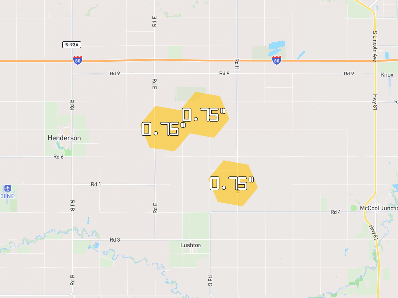 Hail map of York, NE on Jun 3, 2026, hail up to 0.75"