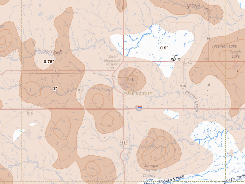 Radar-estimated hail-size map of the storm over York, NE on Jun 5, 2026