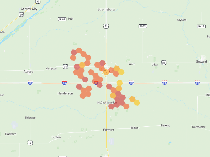 Hail map of York, NE on Jun 6, 2026, hail up to 2.5"