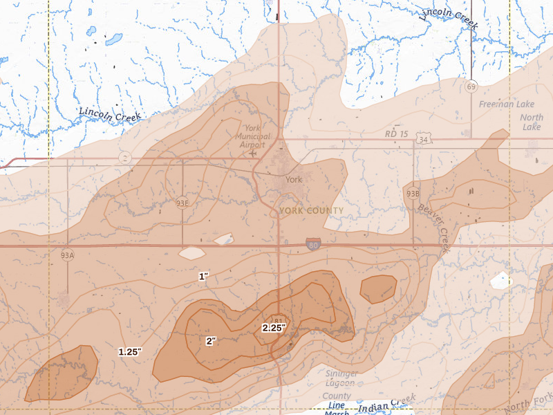 Radar-estimated hail-size map of the storm over York, NE on Jun 10, 2026