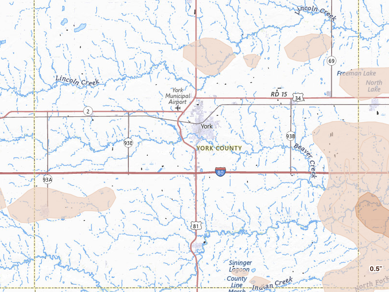 Radar-estimated hail-size map of the storm over York, NE on Jul 3, 2026