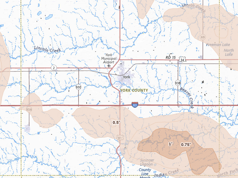 Radar-estimated hail-size map of the storm over York, NE on Jul 8, 2026