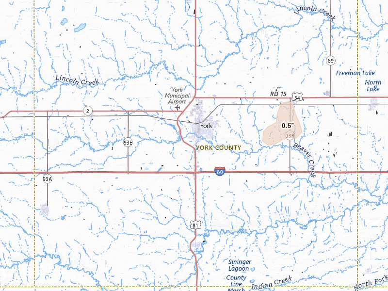 Radar-estimated hail-size map of the storm over York, NE on Jul 30, 2026