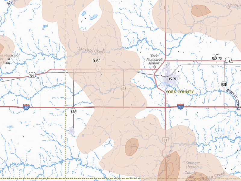 Radar-estimated hail-size map of the storm over York, NE on Aug 19, 2026