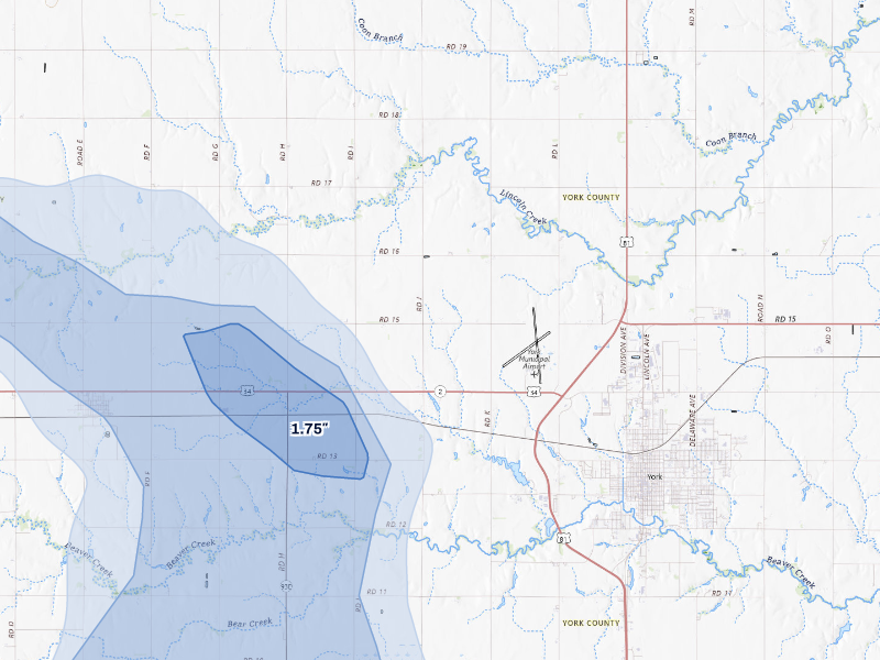 NEXRAD radar-signature map of the hail storm over York, NE on Aug 19, 2026