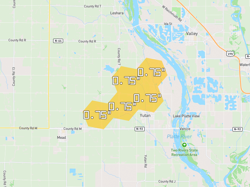 Hail map of Yutan, NE on Jun 1, 2026, hail up to 0.75"