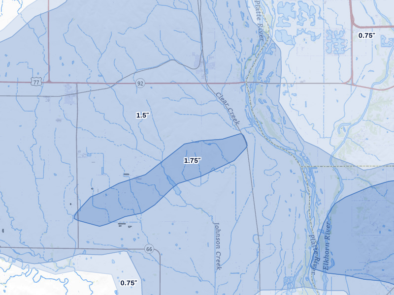 NEXRAD radar-signature map of the hail storm over Yutan, NE on Jul 3, 2026