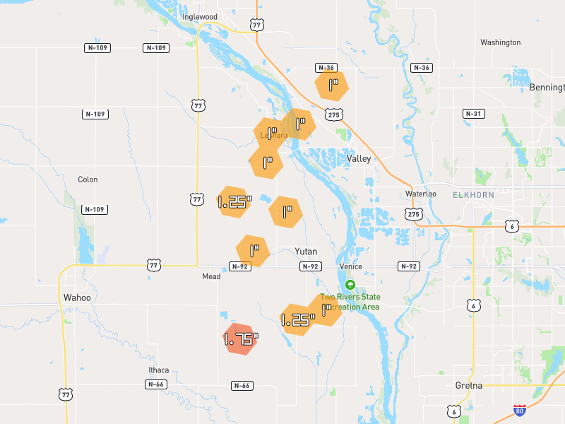 Hail map of Yutan, NE on Jul 3, 2026, hail up to 1.75"