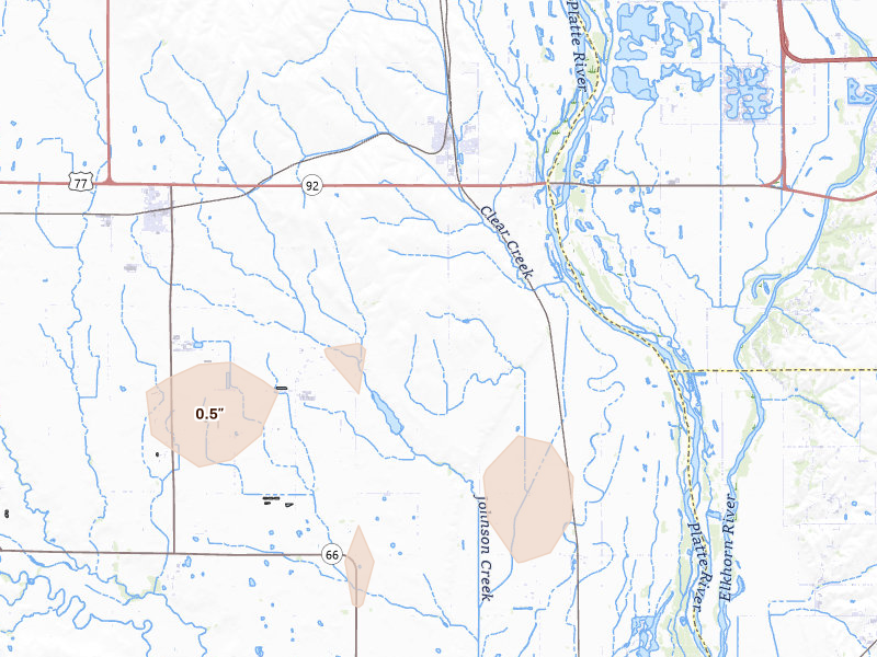 Radar-estimated hail-size map of the storm over Yutan, NE on Jul 30, 2026