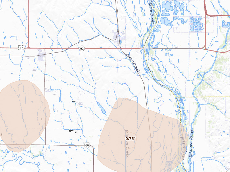 Radar-estimated hail-size map of the storm over Yutan, NE on Aug 8, 2026